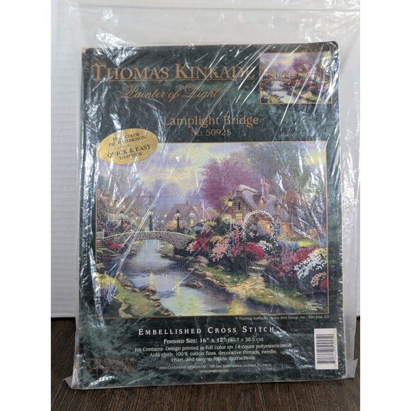 Thomas Kinkade Lamplight Bridge 50925 Cross Stitch Kit 16x12" Candamar New - Picture 1 of 4